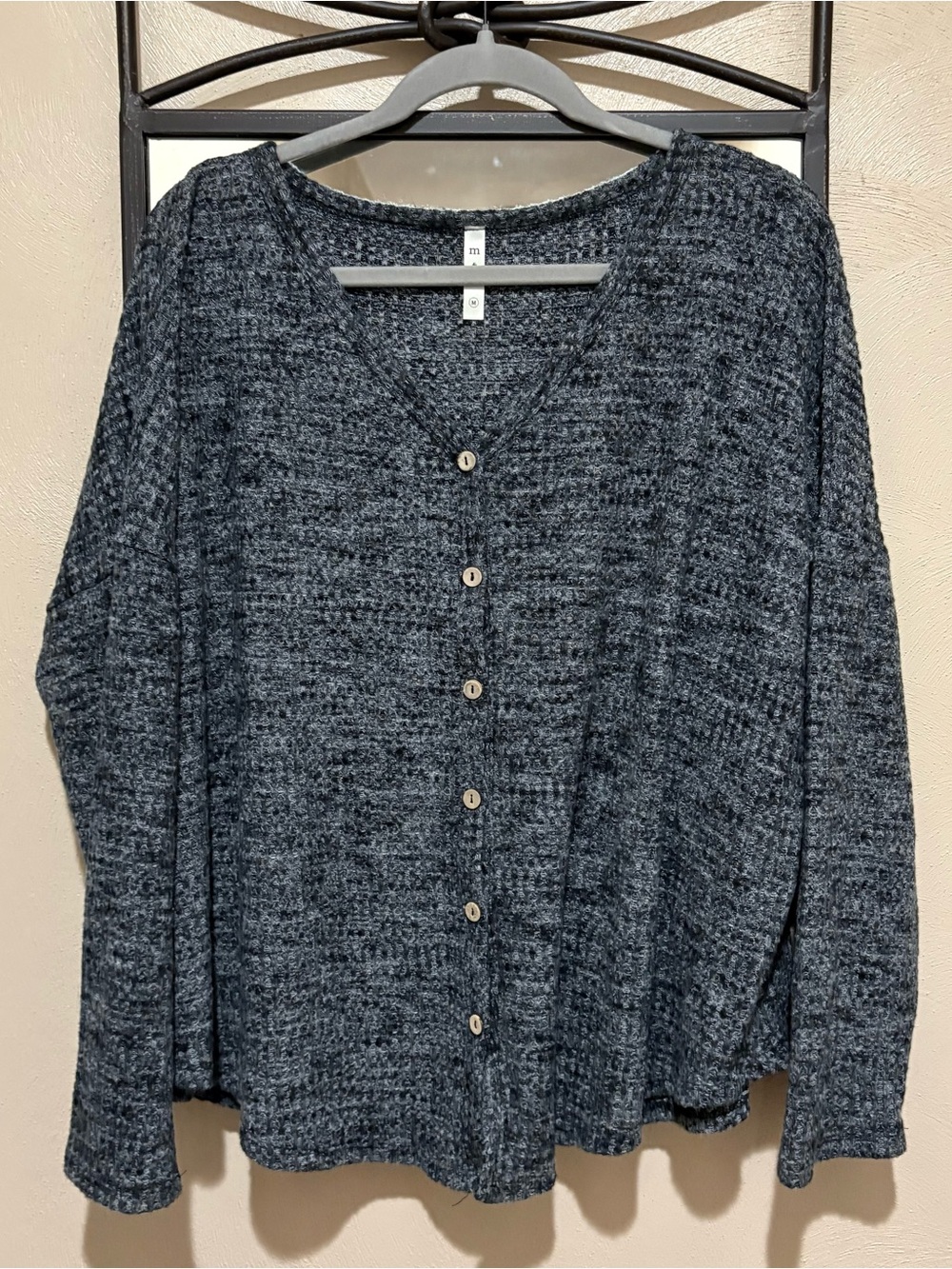 mts Charcoal Gray Knit Button-Front V-Neck Top Size M